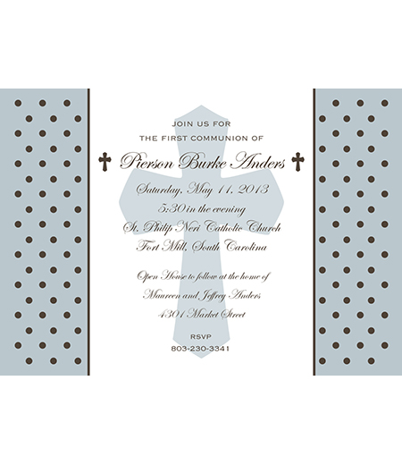 Holy Cross and Polka Dots Religious First Communion or Baptism Printable Invitation - Blue